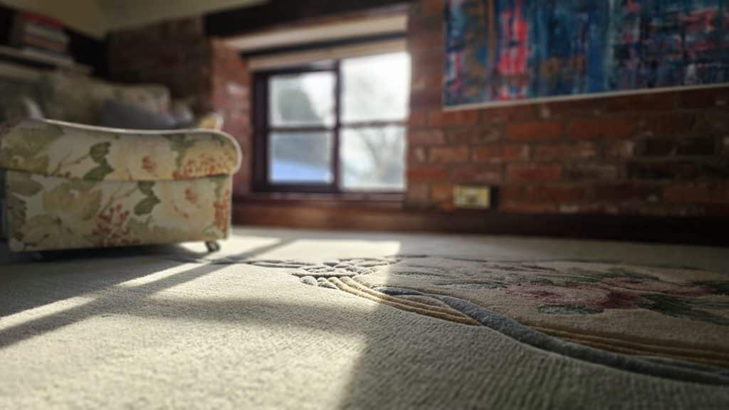 1000139539 Sculpted wool carpet in a Shropshire home with natural light and soft furnishings